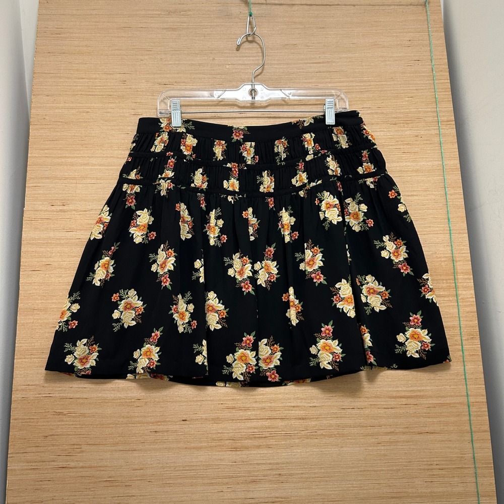 LOFT Womens Black Yellow Orange‎ Floral Tiered Smocked Mini Skirt Size 10